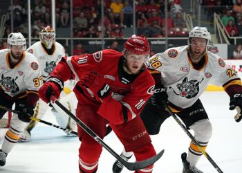 Steven Lorentz and Jake Bischoff during the 2019 Calder Cup Finals - Game 1 between the Chicago Wolves and Charlotte Checkers on June 1, 2019, highlighting Steven Lorentz stats and his impact on the game